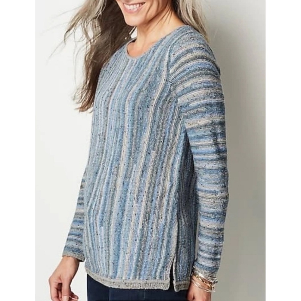 J Jill Linear Striped Sweater L Blue Textured‎ Pullover Chunky Coastal Grandma